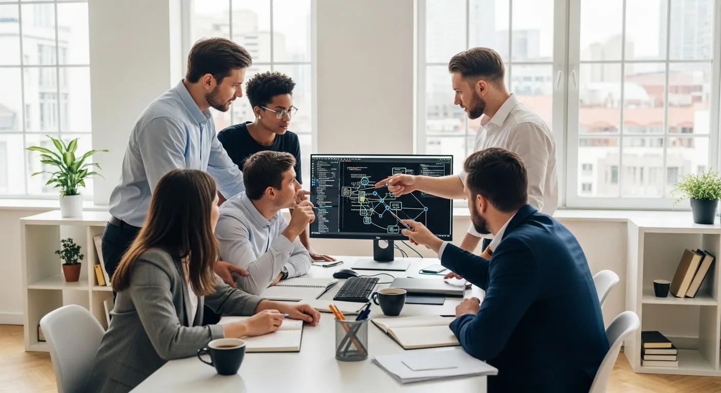 Small business team collaborating on IT solutions in a modern office
