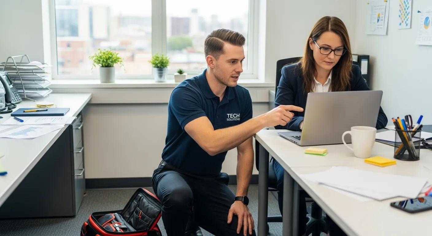 Technician providing on-site IT support to a small business owner
